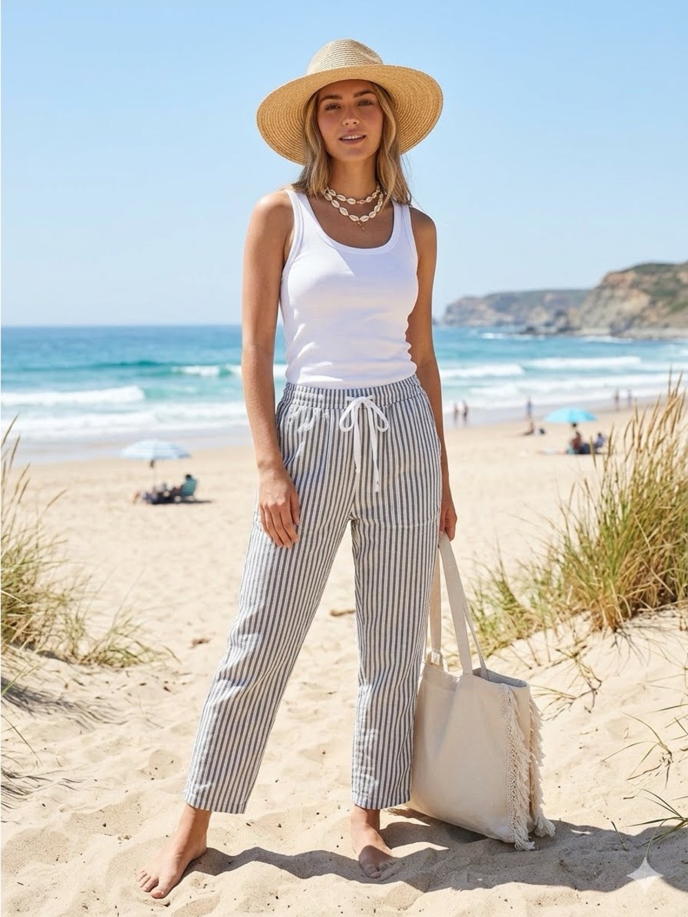 Billabong Beachy Gray & White Striped Cropped Drawstring Pants Size M